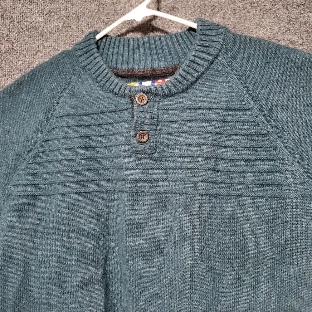 Duluth Sweater Mens XL Blue Wool Be Back Henley Ribbed Raglan Sleeves Mountain